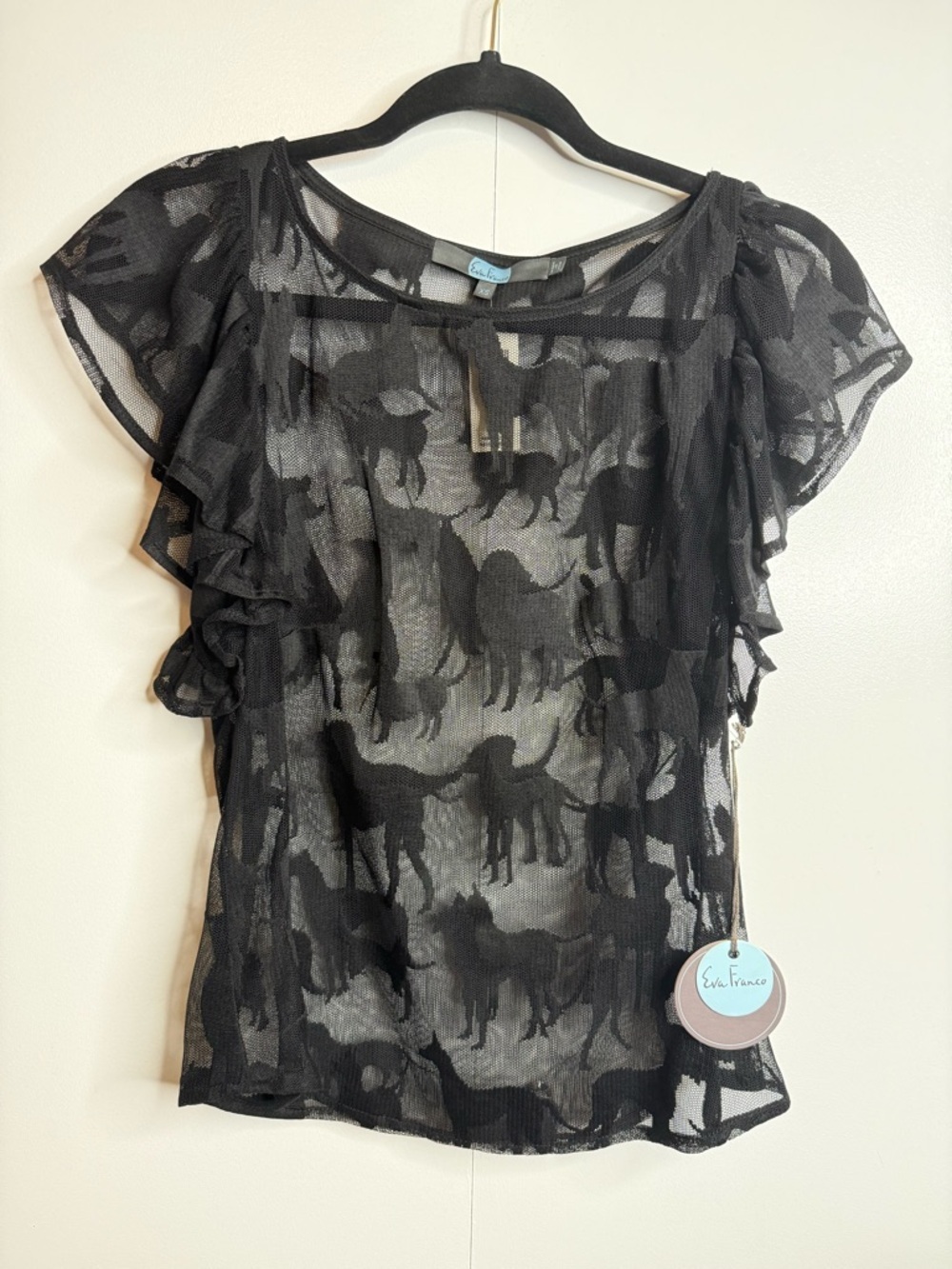 Eva Franco Anthropologie Black Sheer Ruffle Sleeve Dog Top XS NWT $99
